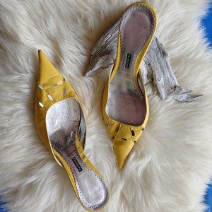 Flash Sale - Vivid Yellow Leather Heeled Mules with Cutouts (39 European)